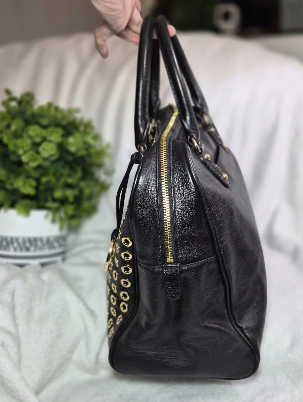 Michael Kors Sandrine Large Grommet Leather Satchel - Black & Gold